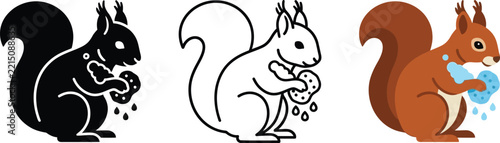 Three Vector Styles of Cute Squirrel Washing with Sponge and Suds Graphic Icon Set