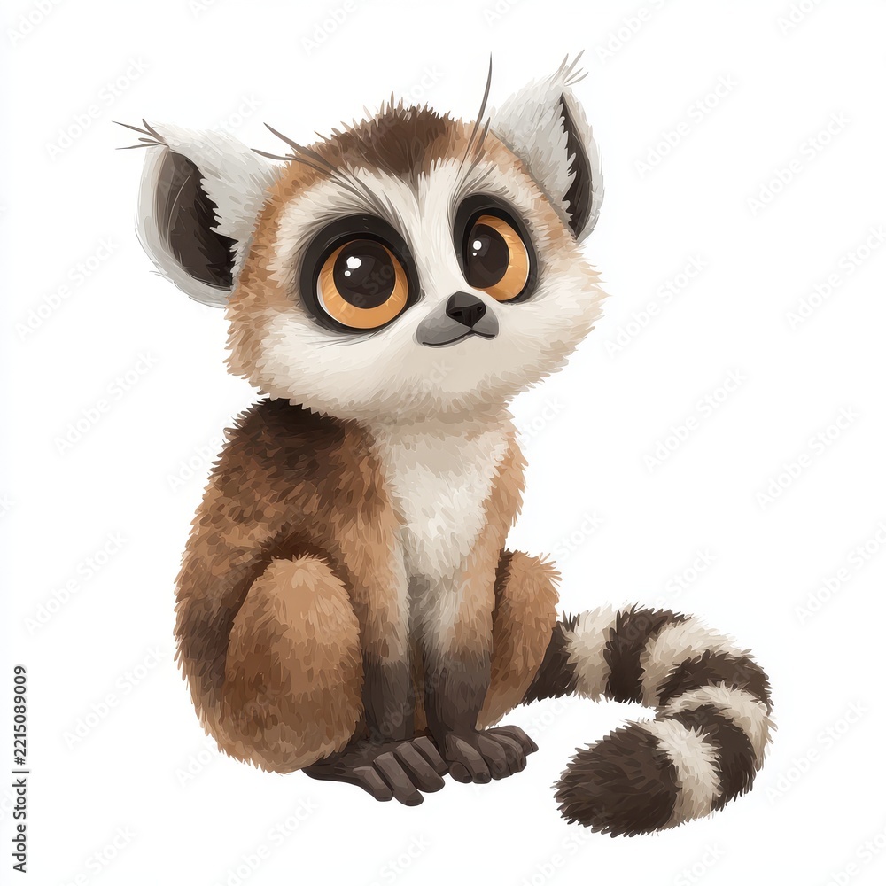 Fototapeta premium Cute Cartoon Lemur With Big Eyes Sitting On Isolated White Background Illustration Style