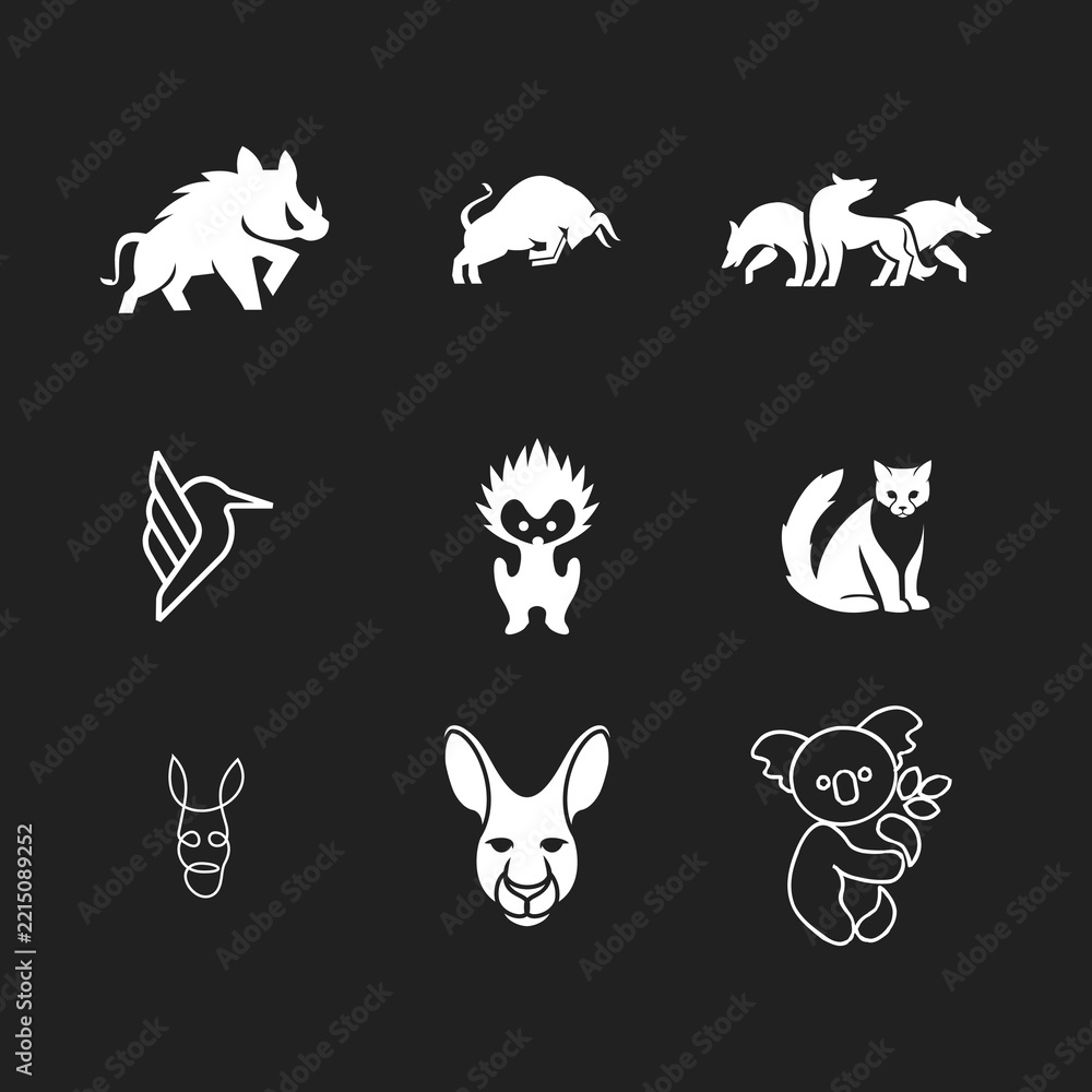 Fototapeta premium Minimalist Animal Silhouette and Line Art Icons Set. Collection of Wild Boar, Bull, Wolves, Hummingbird, Hedgehog, Cat, Donkey, Kangaroo, Koala Logos on Dark Background.