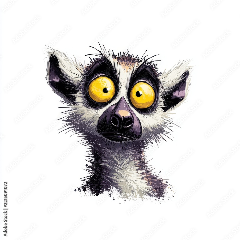 Fototapeta premium Cute Ring Tailed Lemur Portrait With Big Yellow Eyes Isolated On A Clean White Background