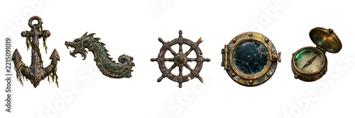 Set of weathered nautical items including anchor, dragon figurehead, wheel, porthole, and compass