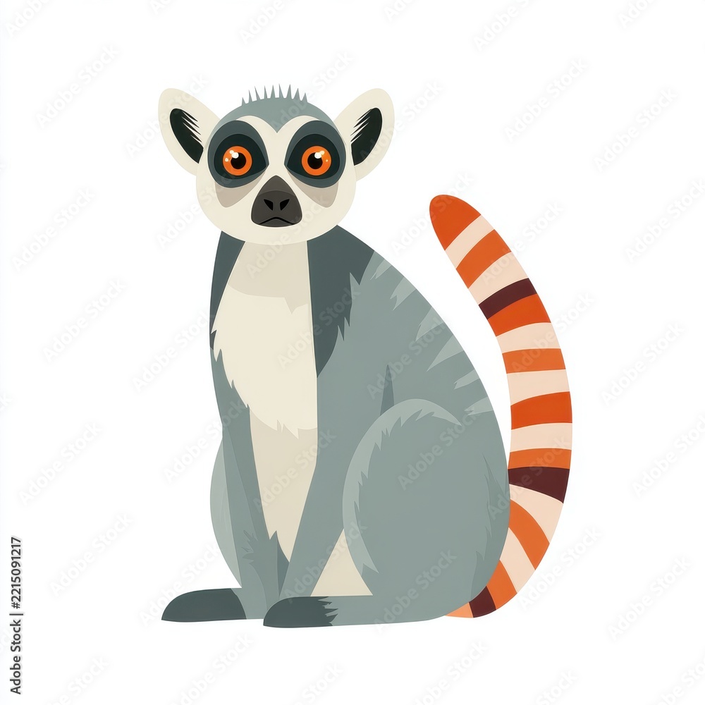 Fototapeta premium Cute Cartoon Ring Tailed Lemur Vector Illustration With Orange Eyes On Plain White Background