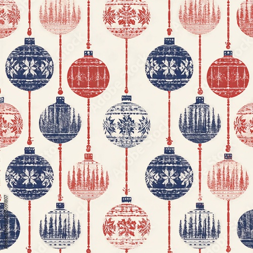 Vintage Christmas Ornament Pattern with Red and Blue Baubles on Cream Background