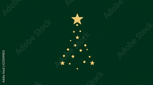 Minimalist Christmas Tree Made of Golden Stars on Dark Green Background