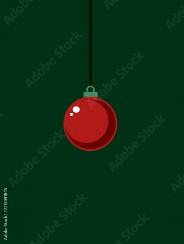 Minimalist Red Christmas Ornament Hanging on Dark Green Background