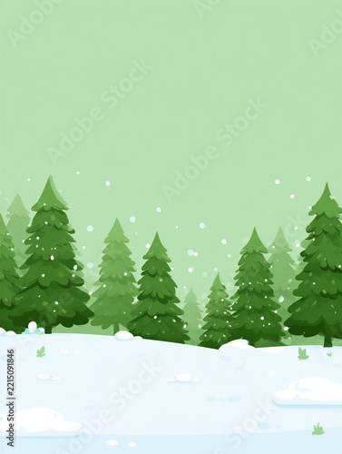 Minimalist Winter Forest Landscape with Snowy Evergreen Trees on Soft Green Background