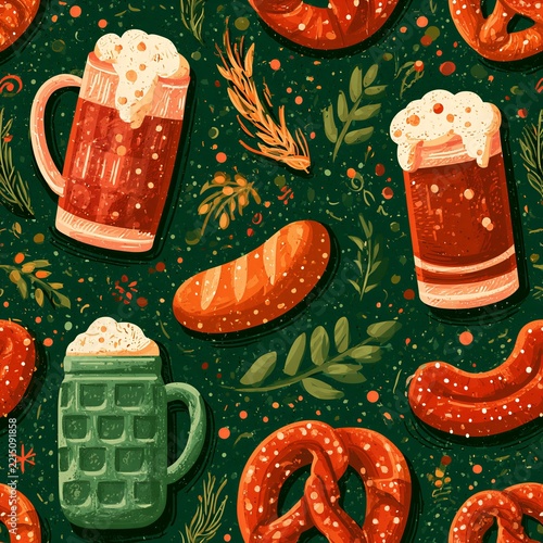 Oktoberfest Seamless Pattern with Beer Mugs, Pretzels, Sausages, Bread and Botanical Elements