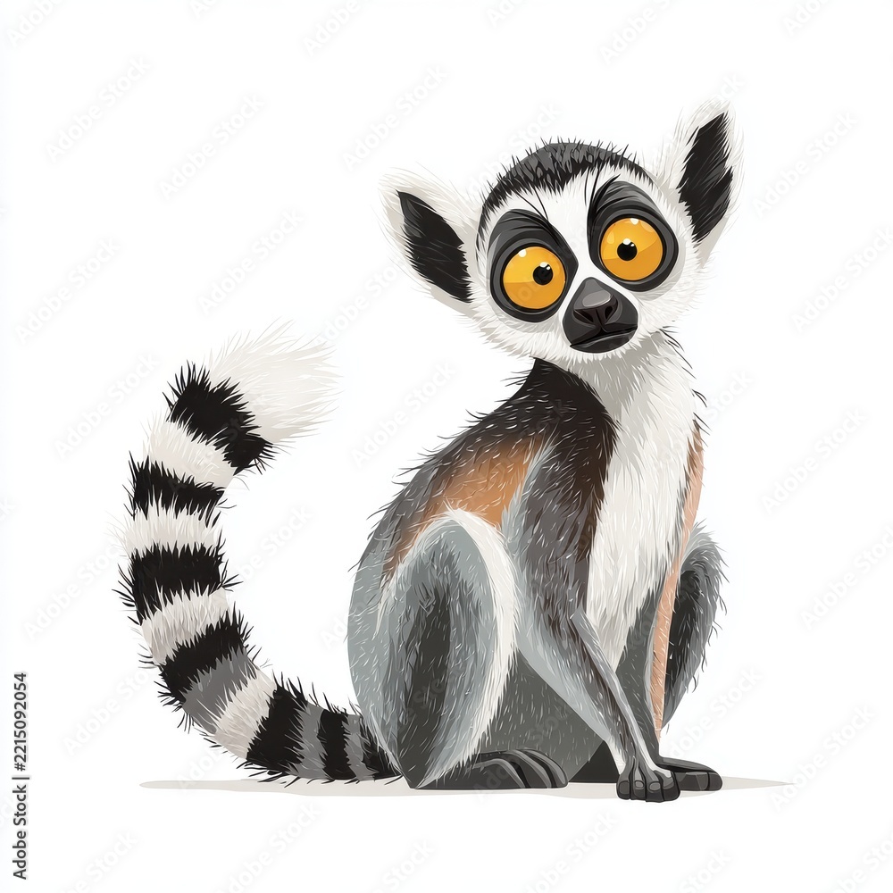 Fototapeta premium Cute Ring Tailed Lemur Character Illustration With Large Expressive Eyes Isolated On White Background