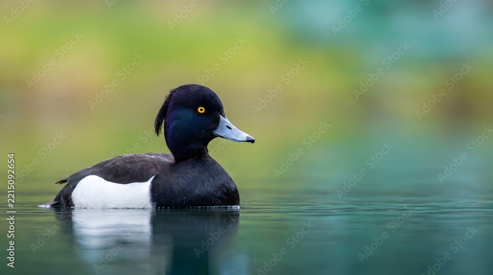 Fototapeta premium Tufted duck floating on a serene pond with soft background waterfowl swimming wildlife floating feathers creature outdoors daylight reflection ornithology background lighting