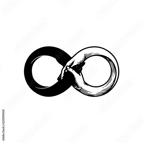 Dual-tone interlocking hands forming a harmonious infinity symbol in contrasting black and white line art, representing unity, partnership, and eternal connection.
