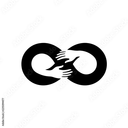 negative space silhouette icon featuring a solid black infinity symbol with embrace hands carved out in clean white, symbolizing unity, love, and graphic harmony.
