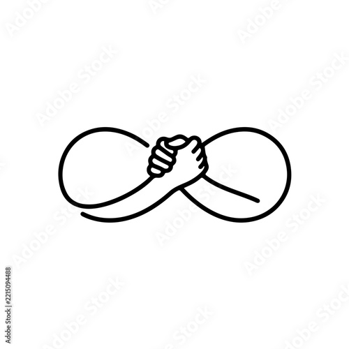 black line art infinity symbol featuring a seamless transformation into twin human silhouettes on a clean white background, representing eternal connection and modern abstract design.
