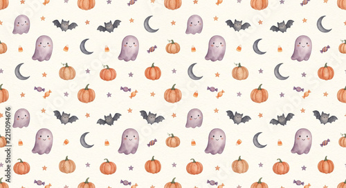 Cute Watercolor Halloween Seamless Pattern with Friendly Ghosts and Pumpkins