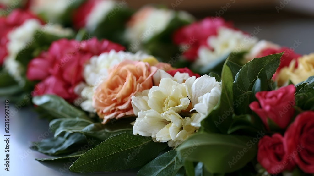 Fototapeta premium A close up of a floral garland with red white and peach colored roses and lush green leaves arranged in a decorative pattern