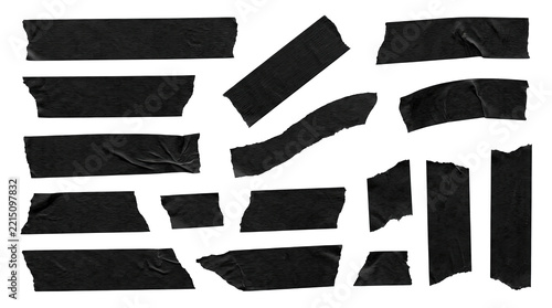 Fotografie Assorted torn black gaffer tape strips with varied textures and angles isolated
