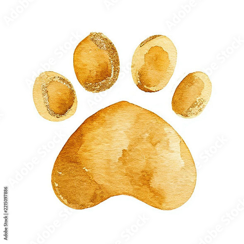 Gold watercolor cat's paw print Golden сat, dog, animal footprint with shimmering glitter Single element for design