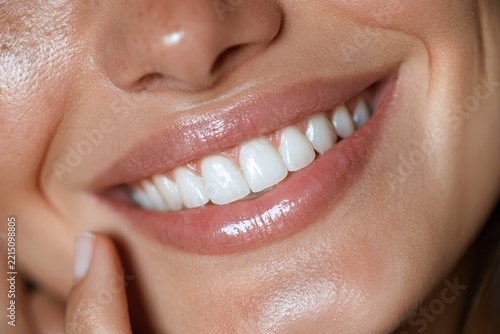 A close-up shows a radiant smile with perfect white teeth and glossy lips. This photo conveys joy, health, and cosmetic dentistry results effectively.