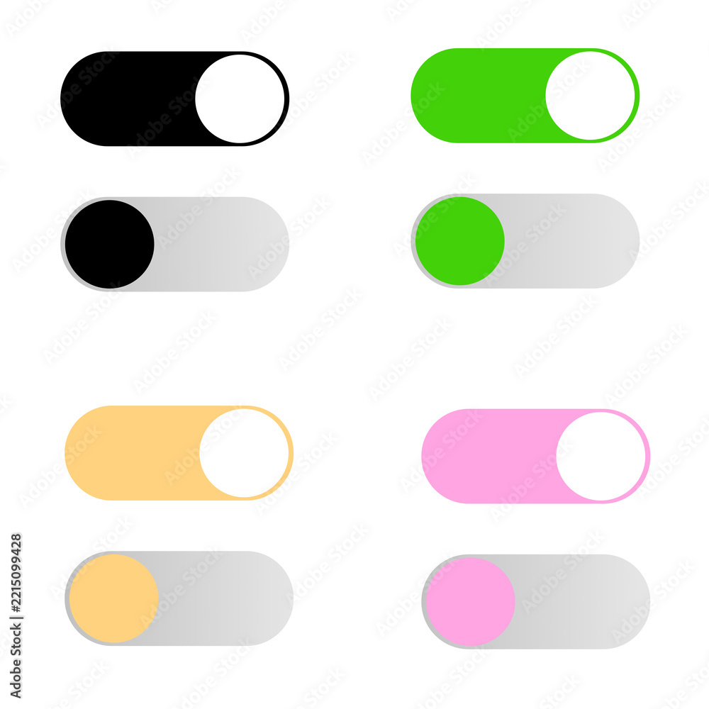 Fototapeta premium Toggle switch button set illustration. On and off switch icon collection in black, green, orange, and pink colors for mobile app and web UI UX interface design