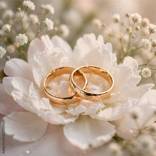 Soft white petals cradle two gold wedding rings