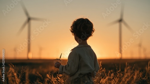 A child stands in a field holding a small plant, gazing at wind turbines at sunset. This photo represents hope for renewable energy and a sustainable future.