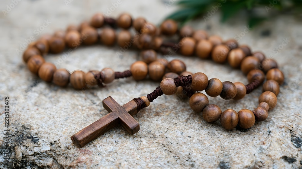 Fototapeta premium A wooden rosary with beads and cross resting on a textured stone surface surrounded by green foliage