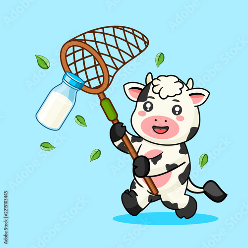 Cute Cow Catching Milk Bottle with Net Vector Illustration