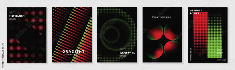Fototapeta premium Red Green Abstract Poster Set Vector with Halftone Dots, Diagonal Stripes, Glowing Rings, Petal Shapes, Dark Futuristic Gradient Templates