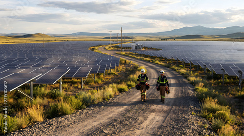 Solar engineer performing routine maintenance along gravel service road in large solar field photo, full body view of technician with hardhat monitoring photovoltaic performance on tablet, and green.