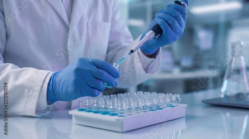 precision liquid handling in pharmaceutical laboratory. scientist dispensing chemical reagent with micropipette into sample vials. biomedical research and assay testing.

