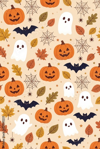 Cute Halloween Seamless Pattern with Pumpkins, Ghosts, Bats, Autumn Leaves and Spooky Elements