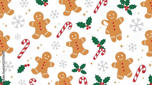 Cute Christmas Gingerbread Seamless Pattern with Candy Canes, Holly and Festive Holiday Elements