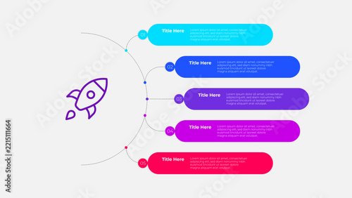 Infographic template with rocket icon, five numbered steps, and colorful text boxes for business presentations