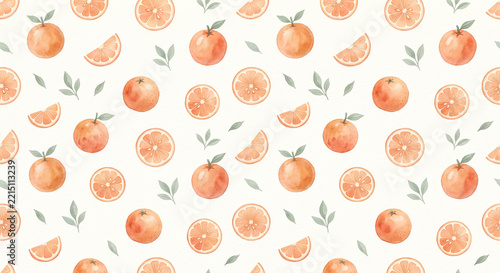 Cute Watercolor Orange Seamless Pattern with Fresh Citrus Fruits