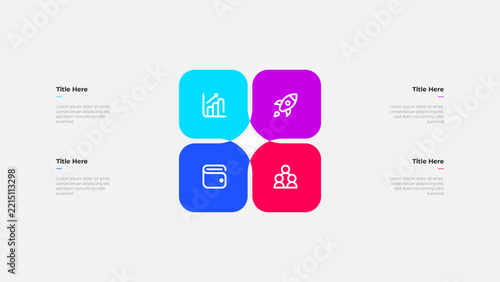 Four colorful icons with text boxes on a light gray background