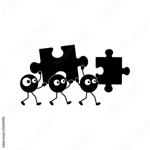 Cartoon Characters Working Together Carrying Large Jigsaw Puzzle Pieces