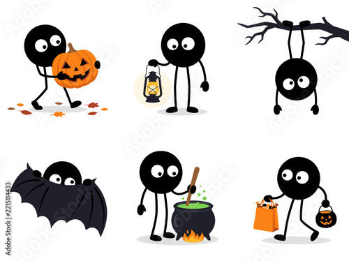 Cute Halloween Stick Figure Character Set for Holiday Celebration