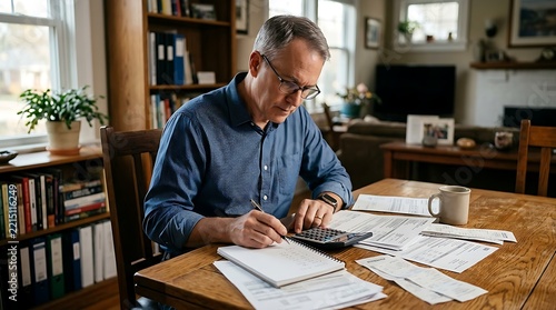 Focused man calculating finances at home, managing budget and bills
