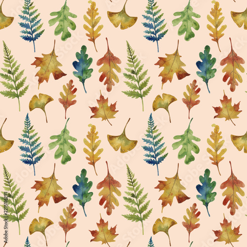 Watercolor Autumn Leaves Seamless Pattern with Oak, Maple, Ginkgo and Fern Foliage-Soft Peach