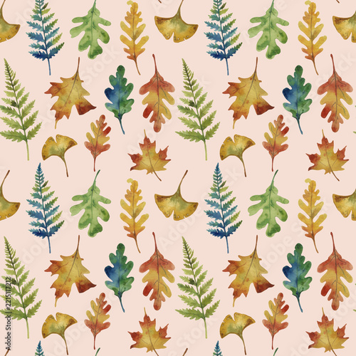 Watercolor Autumn Leaves Seamless Pattern with Oak, Maple, Ginkgo and Fern Foliage-Blush Beige