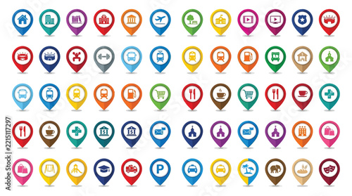 Obraz na plátně Collection of colorful flat location icons representing various public places