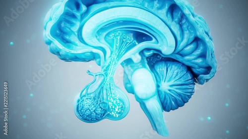 Conceptual 3D animation of the hypothalamus and pituitary axis in a sectioned brain