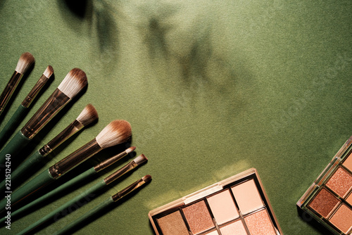 Makeup brushes and eyeshadow palettes arranged on a textured green background with shadow patterns