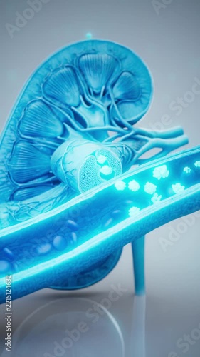 Conceptual 3D animation of a kidney releasing EPO into a blood vessel