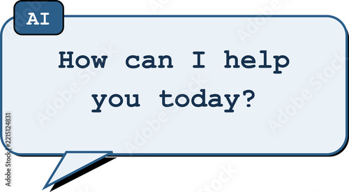 AI chatbot speech bubble greeting with How can I help you today text in bold blue lettering. Flat graphic design for virtual assistant, customer support, and conversational technology themes.