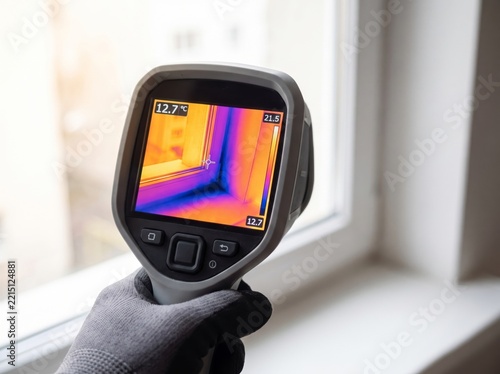 Gloved hand holding a thermal imaging camera to detect heat loss and drafts around a window frame