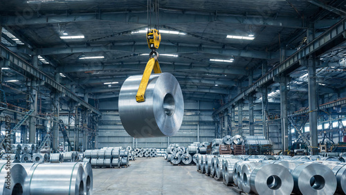 A large steel coil is being lifted by a crane inside a spacious industrial warehouse filled with stacked metal coils.