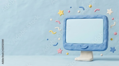 Playful clay style desktop computer with copy space on blank screen decorated with pastel stars and swirls floating in air over light blue backdrop.