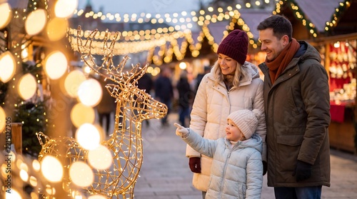 A happy family enjoys a festive Christmas market illuminated by sparkling lights and a glowing reindeer decoration.