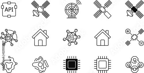 Set of fifteen black and white thin line icons representing various networking technology and smart home connectivity concepts