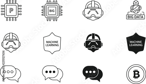 Set of modern digital technology icons featuring computer chips virtual reality headsets and cryptocurrency blockchain security symbols